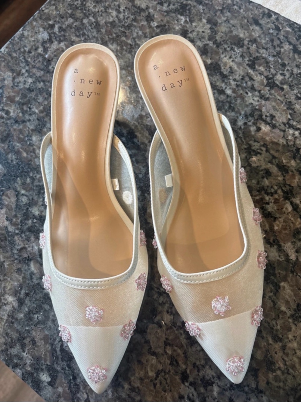 a new day Cream Pointed-Toe Mules with Pink Bead Floral Accents